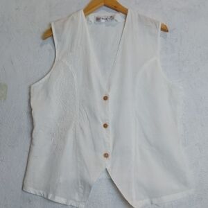 Spell Bound| White Linen Embroidered Sleeveless Button Front Vest Neutral Sz.M